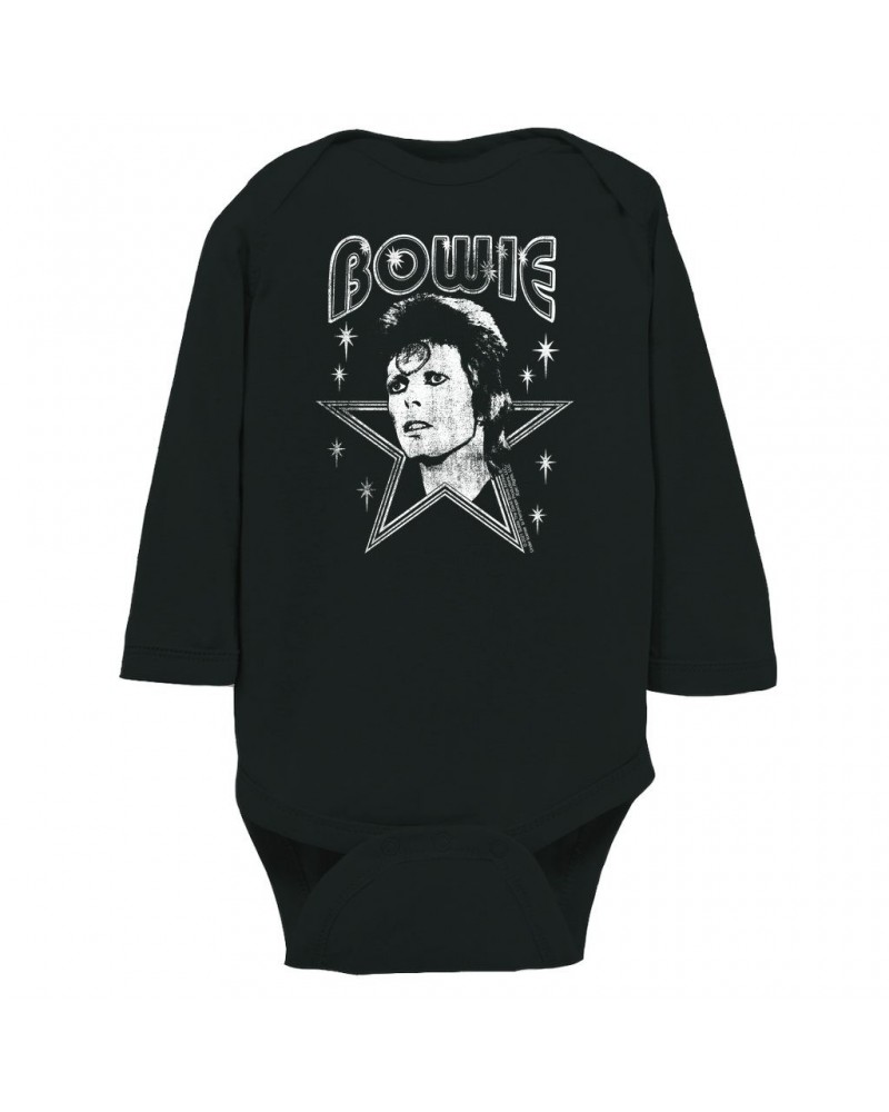 David Bowie Long Sleeve Bodysuit | White Vintage Retro Star Image Distressed Bodysuit $8.30 Shirts