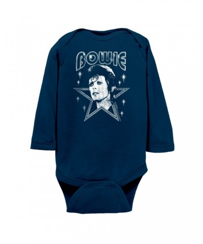 David Bowie Long Sleeve Bodysuit | White Vintage Retro Star Image Distressed Bodysuit $8.30 Shirts